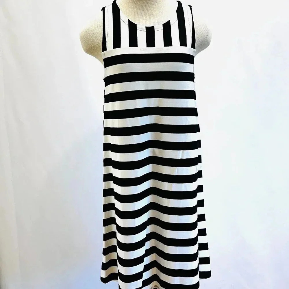 LOFT Women Sleeveless Knee Length Round Neck Black/White Striped Dress Sz Medium